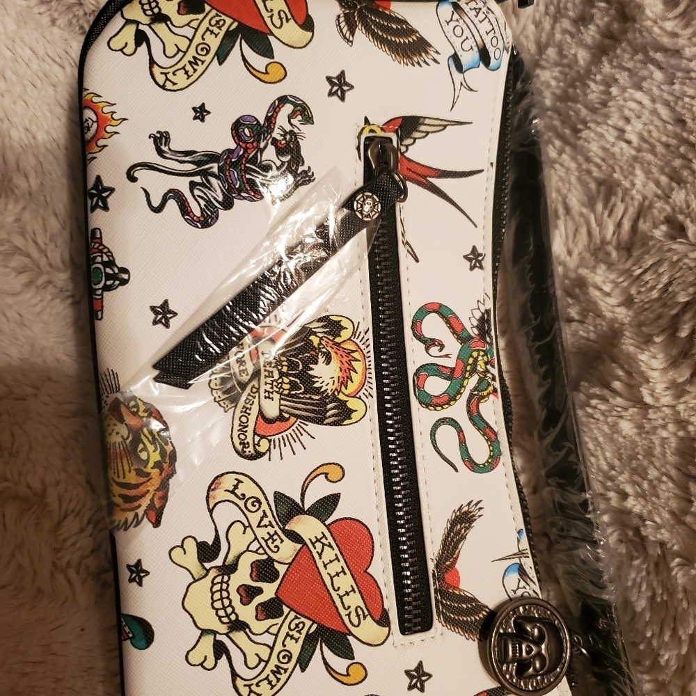 New Ed Hardy White Shoulder Y2K Crossbody Bag Tattoo Skull Love Kills Slowly - Picture 4 of 7